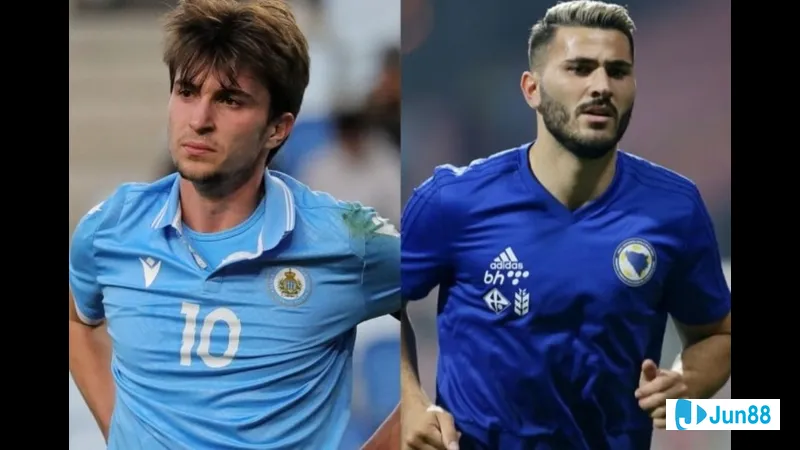 Hậu vệ Áo căng sức chạy theo cầu thủ San Marino trên sân cỏ