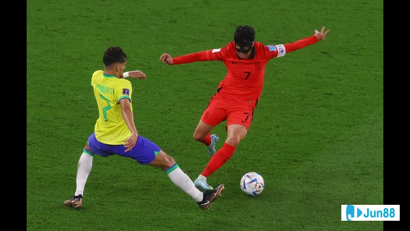 Cầu thủ Hàn Quốc ăn mừng sau khi ghi bàn vào lưới của đội Brazil