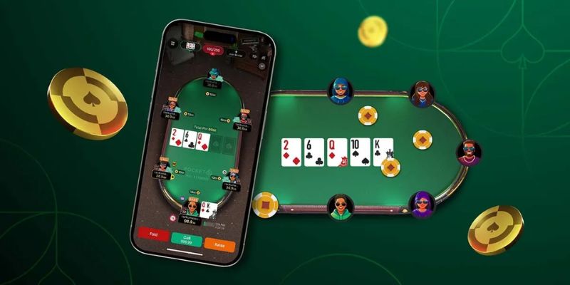 Bàn poker online với chip và bài tẩy hiển thị rõ ràng