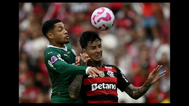 Cầu thủ của Palmeiras chống đỡ trước sự áp đảo của cầu thủ Flamengo trong trận đấu sôi…